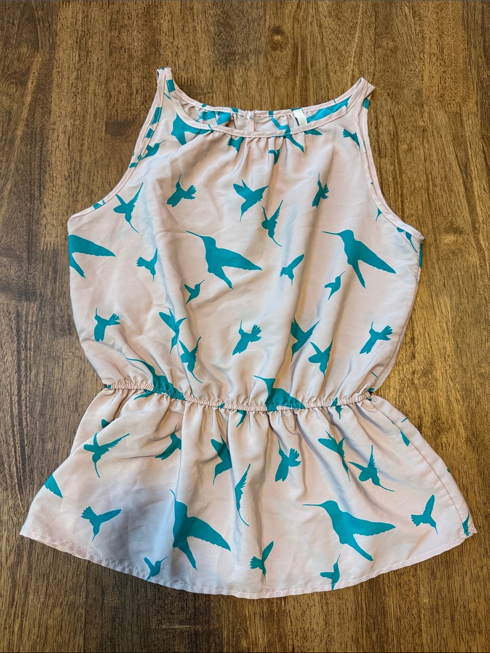 Paper Crane Pink Sleeveless Top with Teal Hummingbird Print